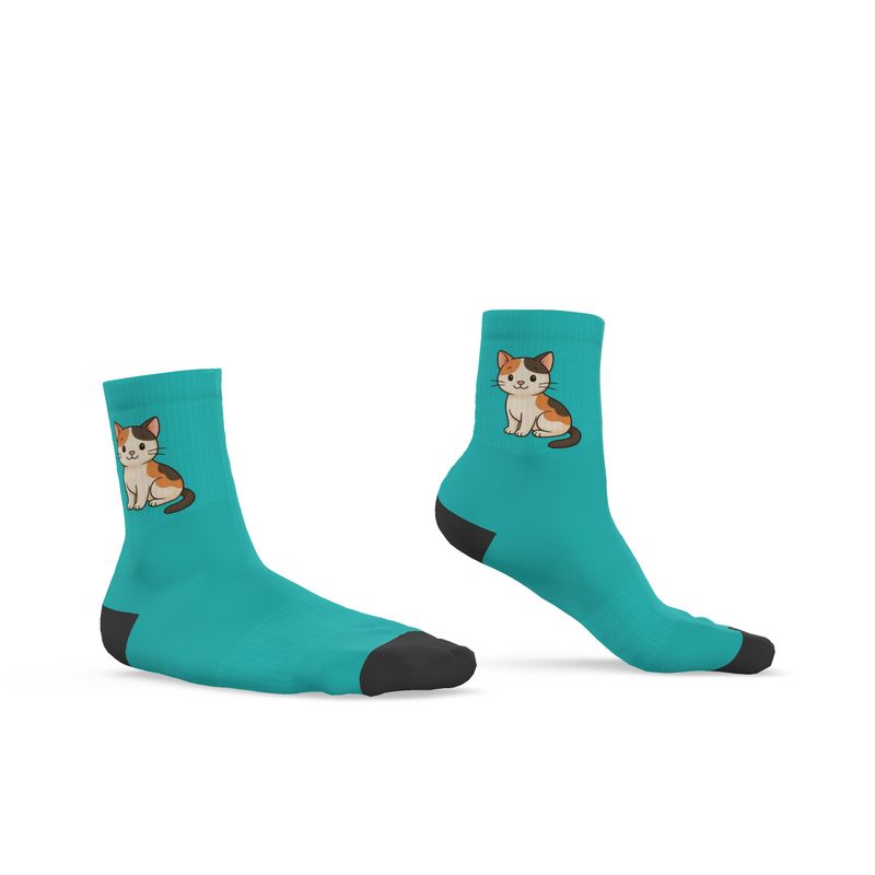 Ladies "Samson" Casual Cat Crew Socks, Turquoise, 3-6 UK