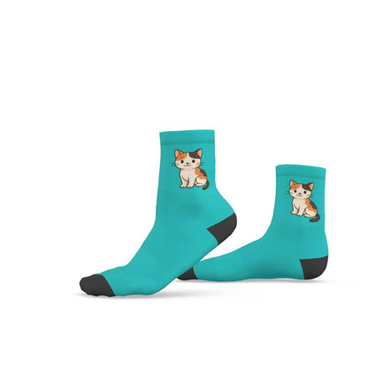 Ladies "Samson" Casual Cat Crew Socks, Turquoise, 3-6 UK