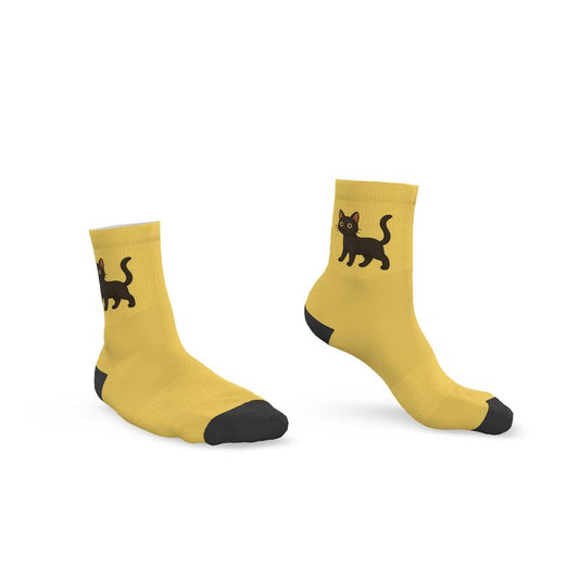 Ladies "Luckie" Casual Cat Crew Socks, Yellow, 3-6 UK