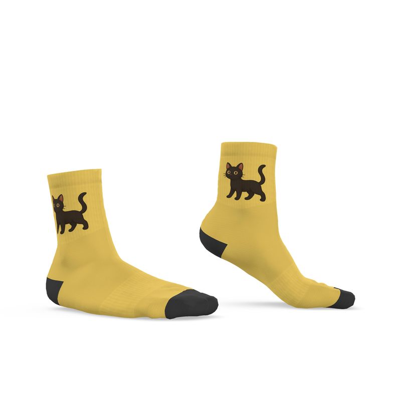 Ladies "Luckie" Casual Cat Crew Socks, Yellow, 3-6 UK