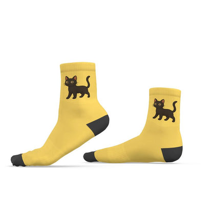 Ladies "Luckie" Casual Cat Crew Socks, Yellow, 3-6 UK