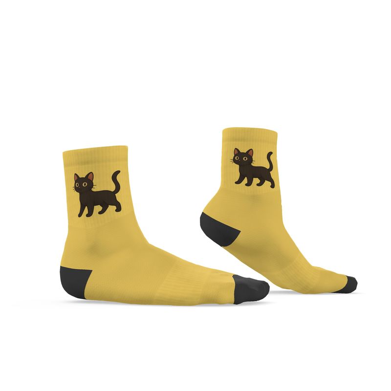 Ladies "Luckie" Casual Cat Crew Socks, Yellow, 3-6 UK