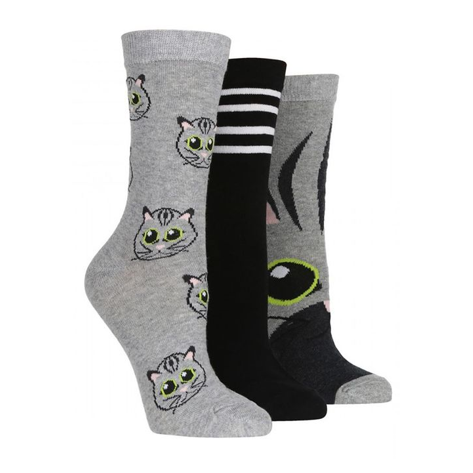Wildfeet - 3 Pack Ladies Fashion Cotton Crew Cat Socks