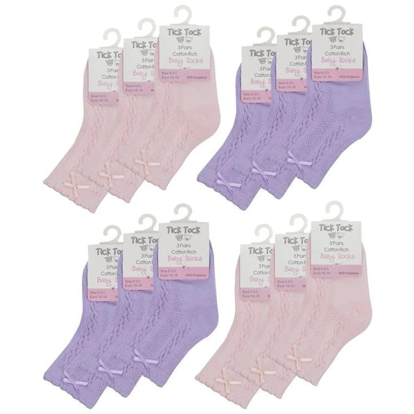 12 PAIRS - Tick Tock Baby Cable Socks with Bow