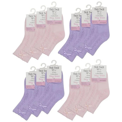 12 PAIRS - Tick Tock Baby Cable Socks with Bow